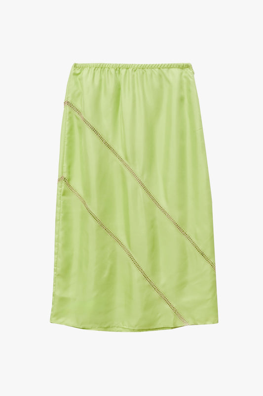 Lime green silk skirt with elasticated waist band and zipper at the side seam with diagonal stitching