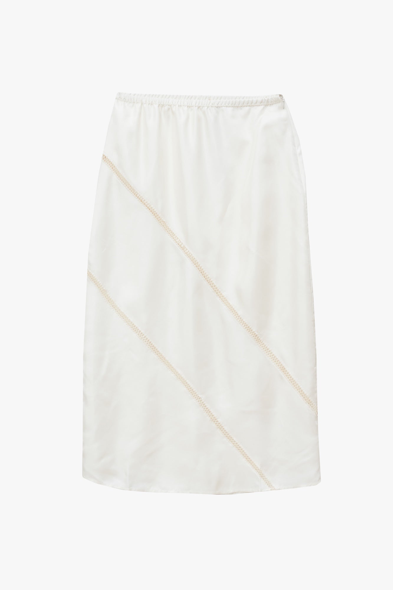 Off white skirt with elastic waist band and zipper at the side seam with diagonal stitching