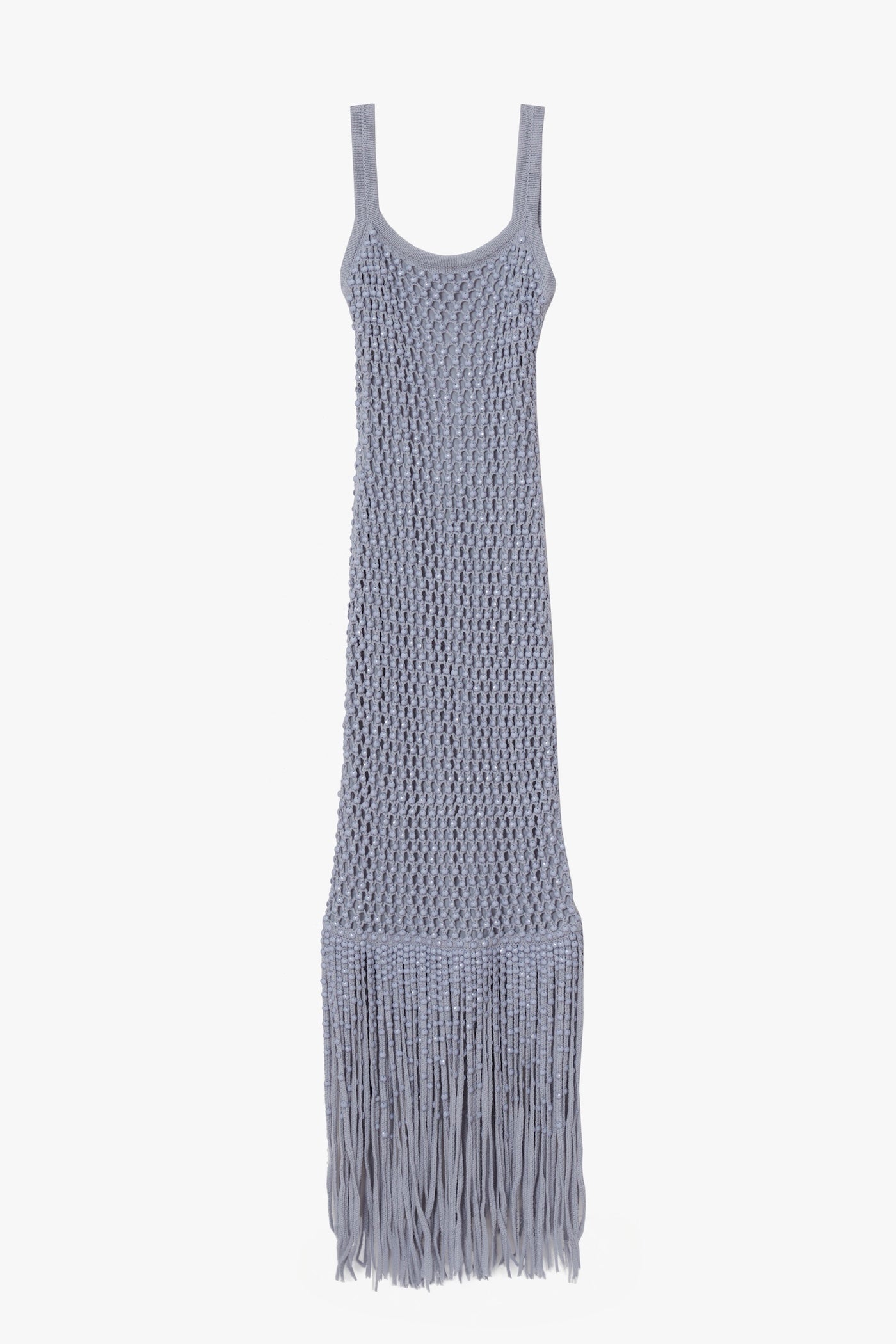 Long, light blue dress with fringe details and crystal embellishments on a white background