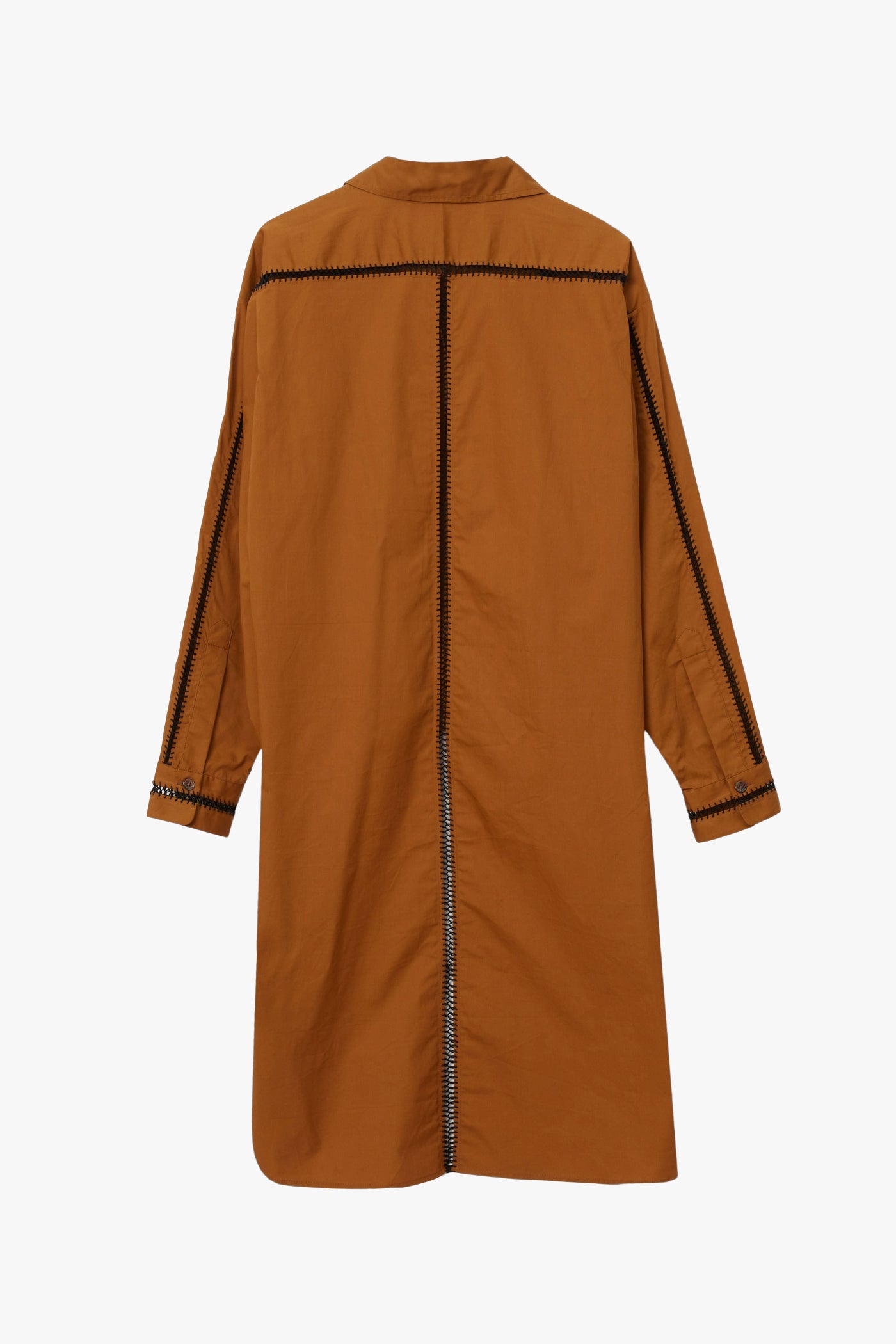 A burnt sienna brown long-sleeve collared long shirt with a longer back and black contrast stitching details along the shoulders and sleeves.