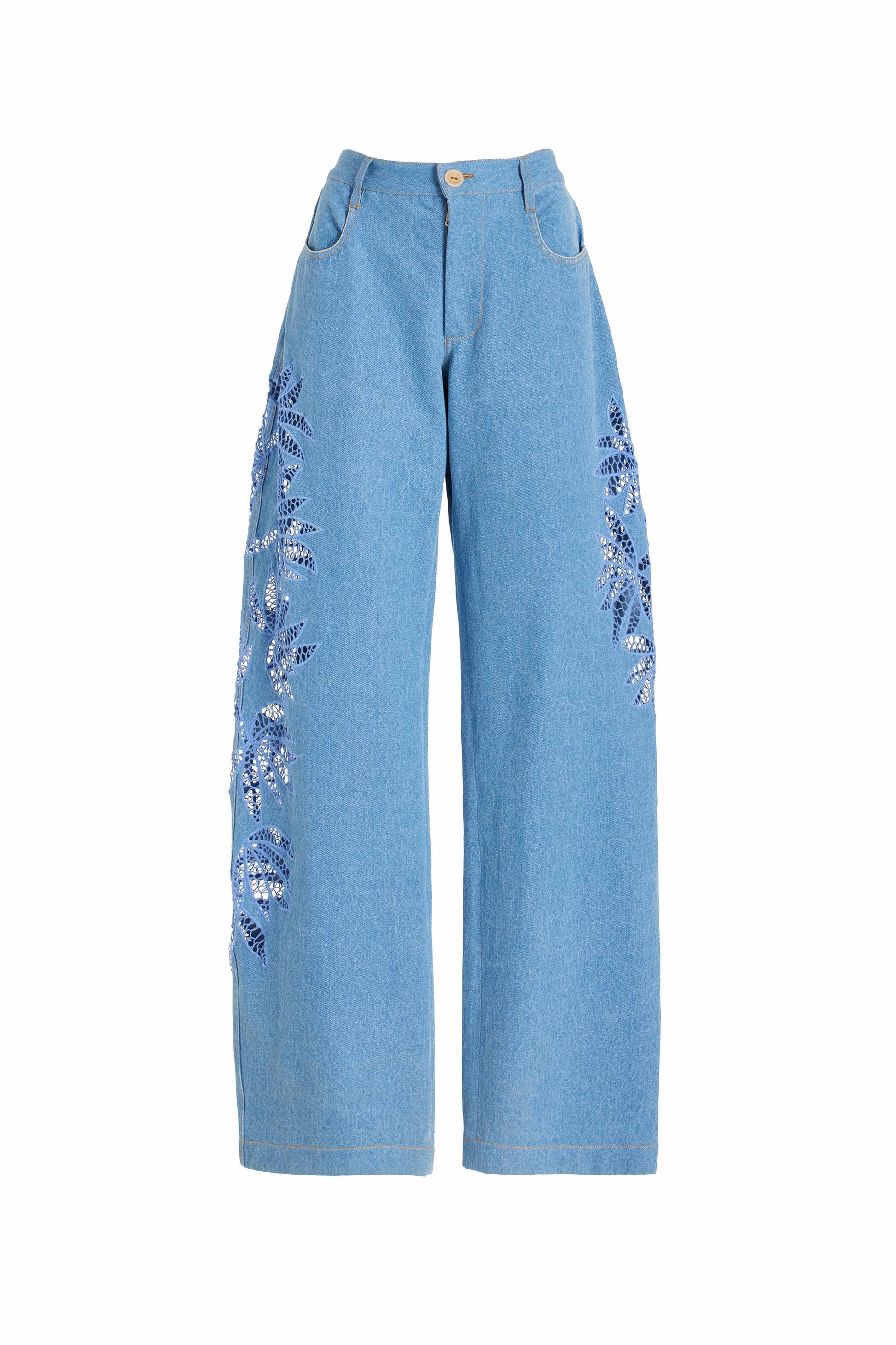Light blue jeans with floral embroidery on a white background