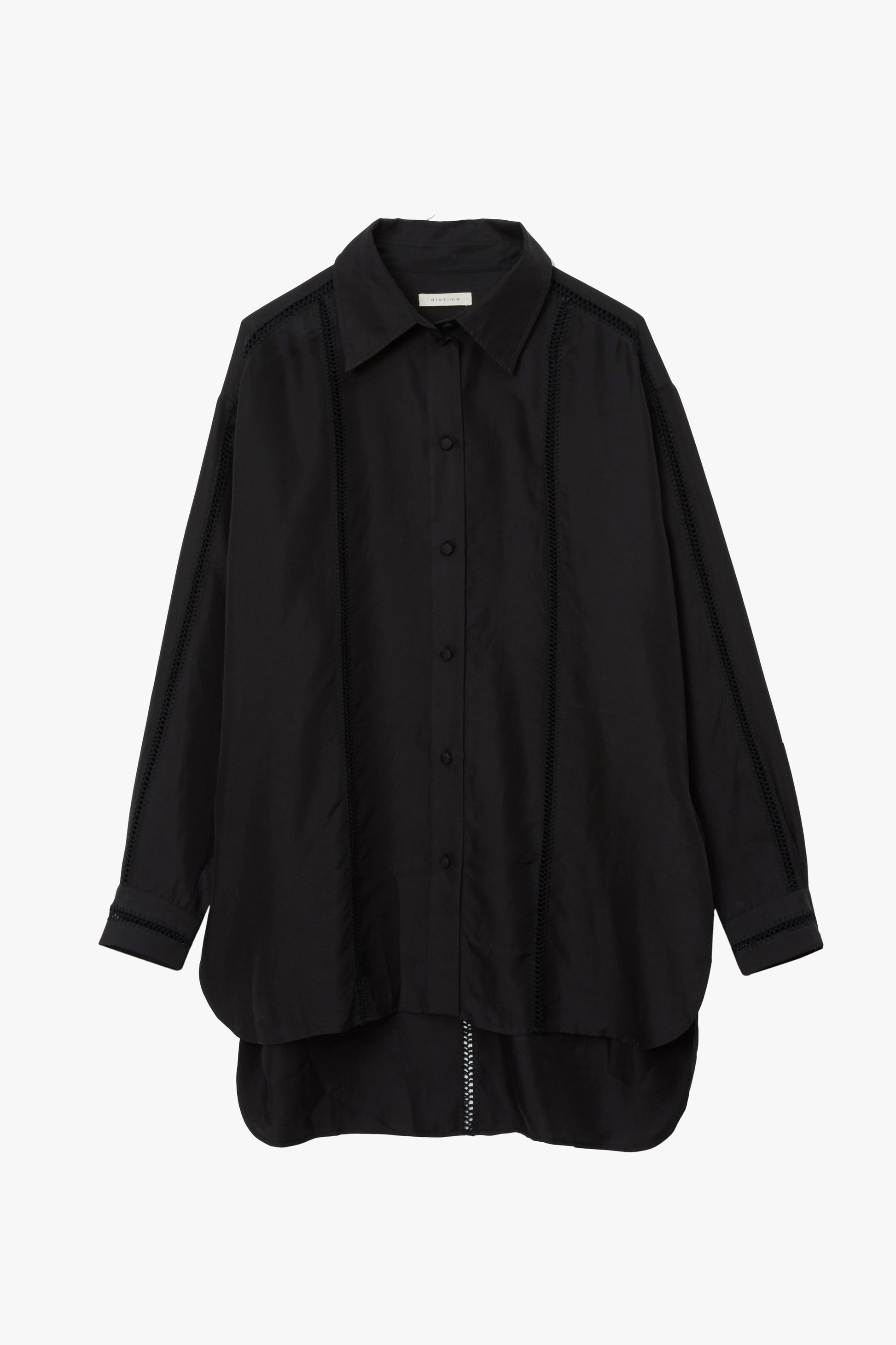 Black button up long sleeve shirt with a pointed collar and vertical stitching in a stripe pattern.