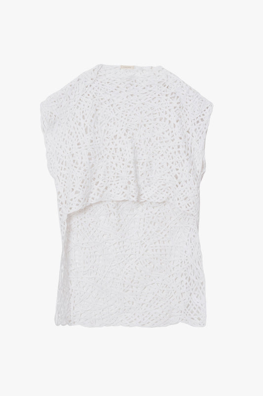 White sleeveless top with a tangled lines pattern shown against a plain white background.