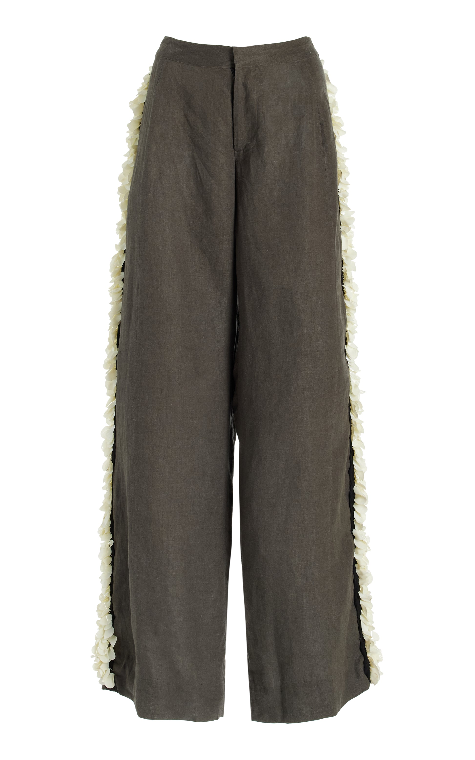 Dark gray wide-leg pants with white palette trim along the side photographed on a white background