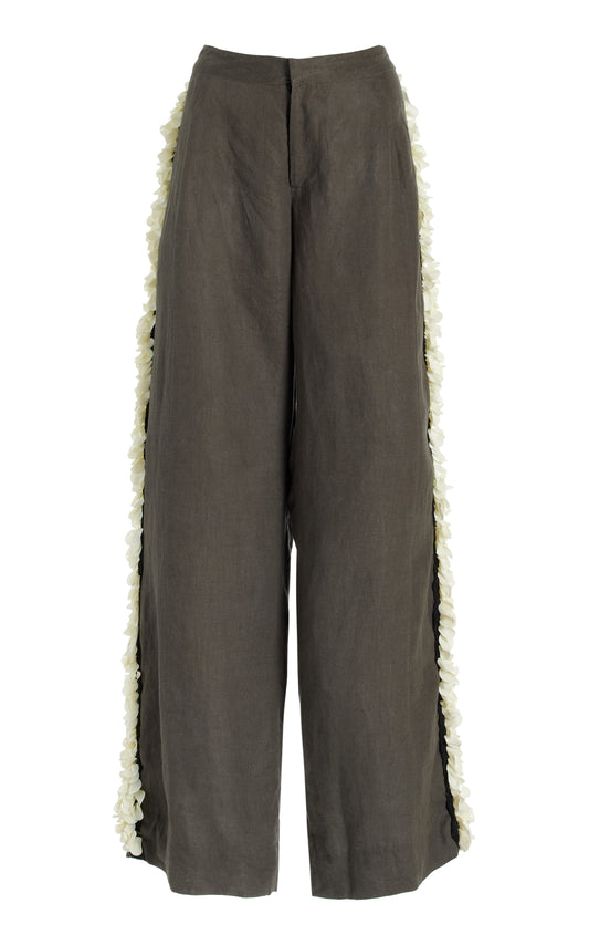 Dark gray wide-leg pants with white palette trim along the side photographed on a white background