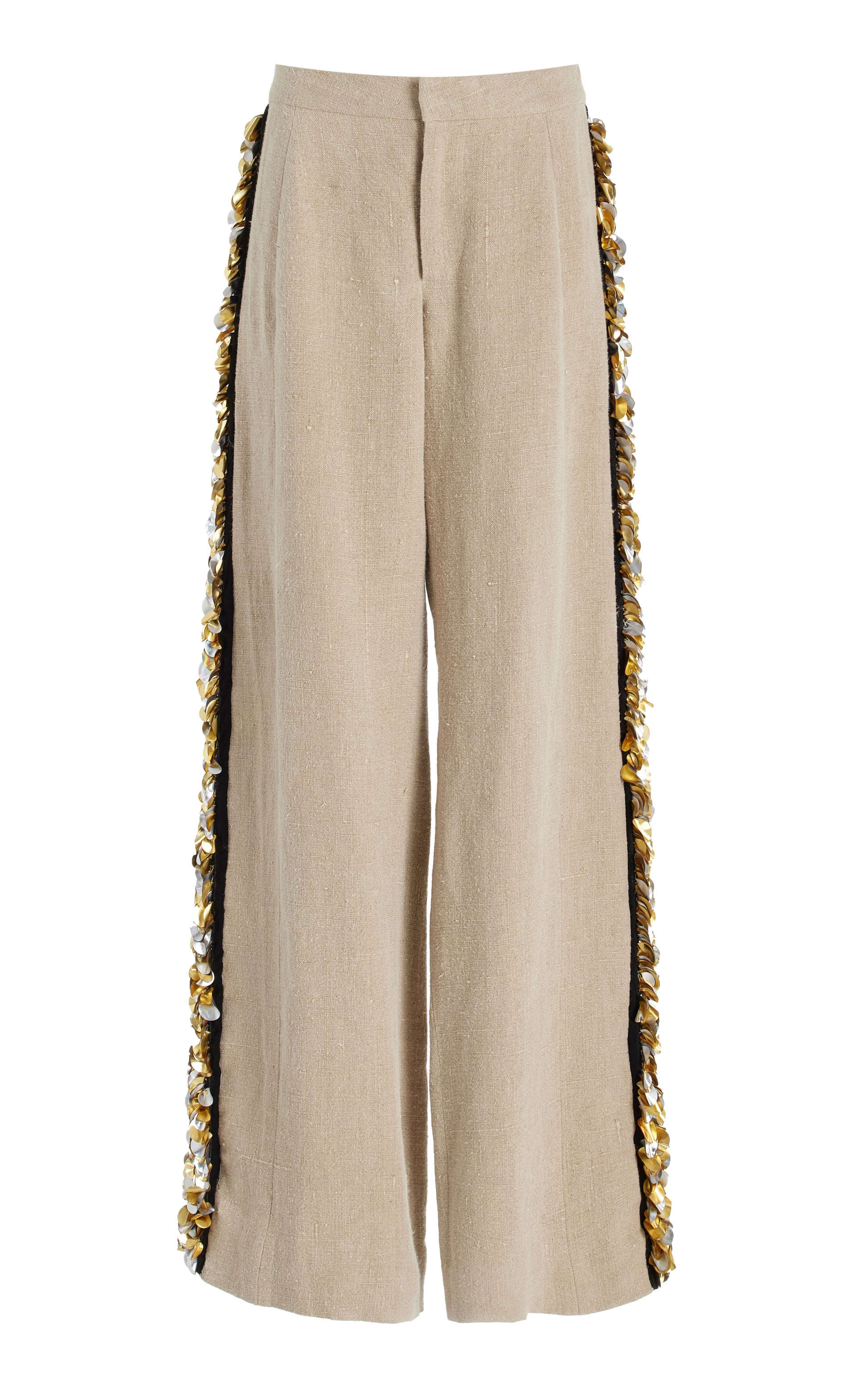 Beige pants with decorative side silver and gold palette trim on a white background