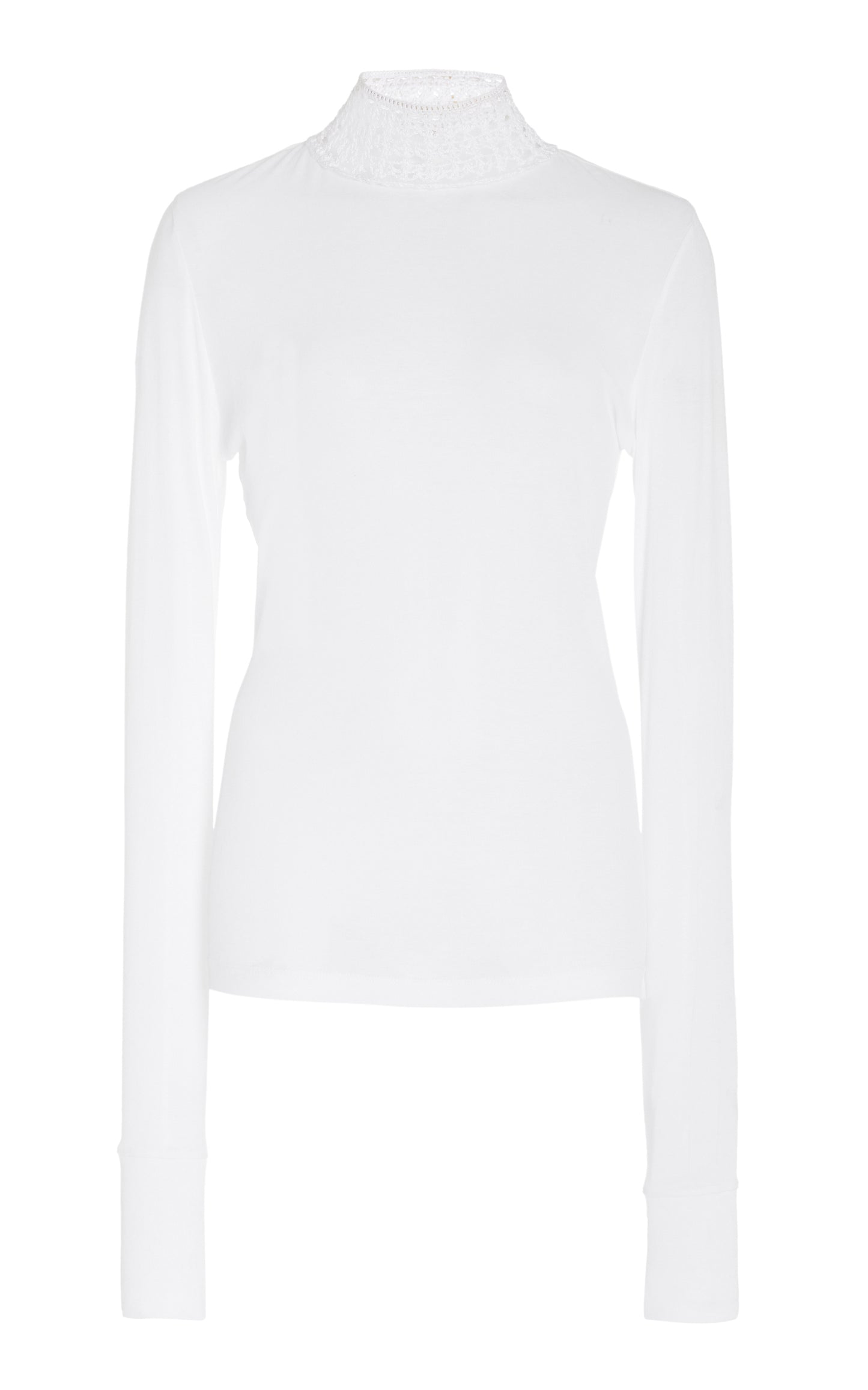 White turtleneck sweater with crochet neck on a white background