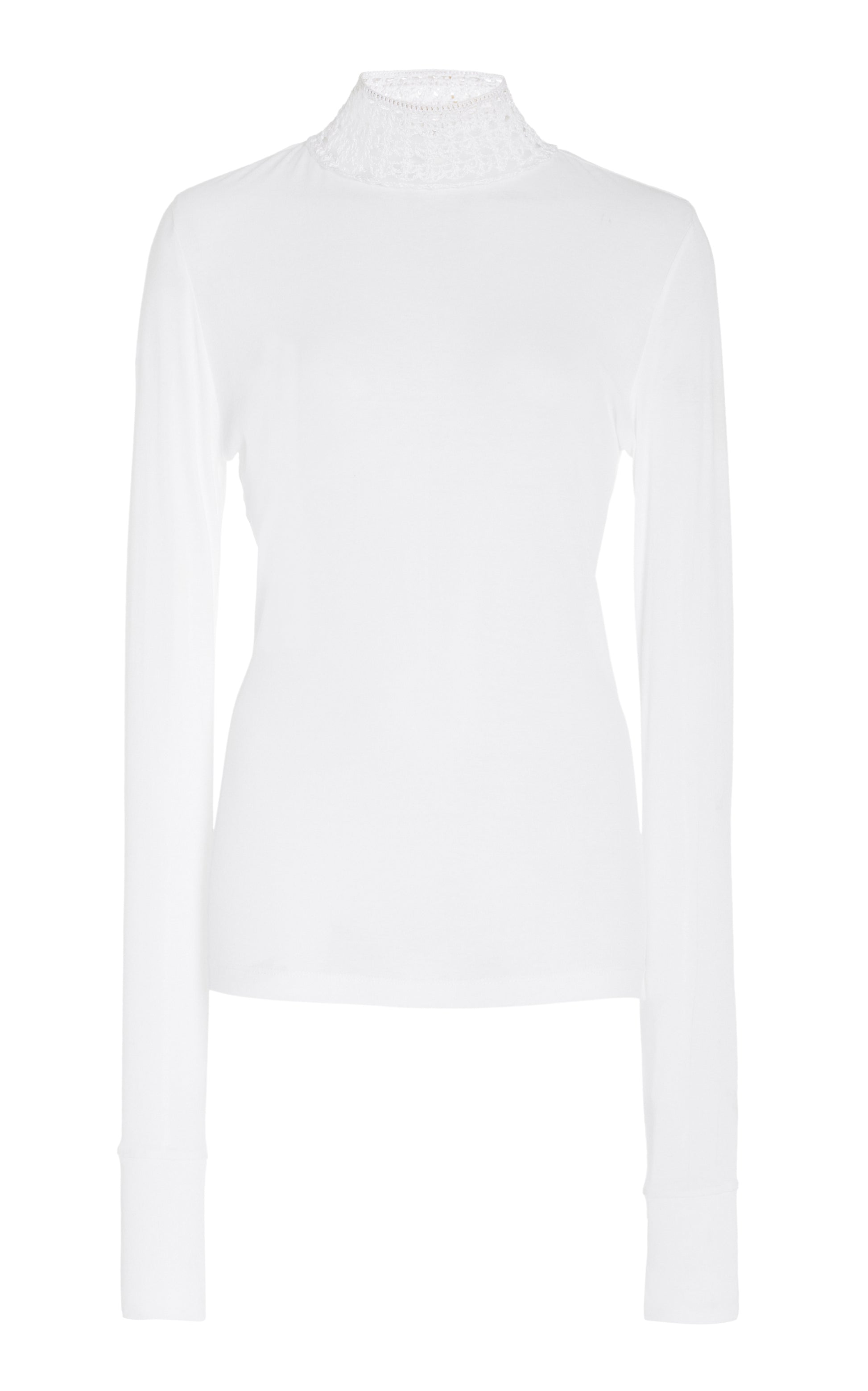 White turtleneck sweater with crochet neck on a white background