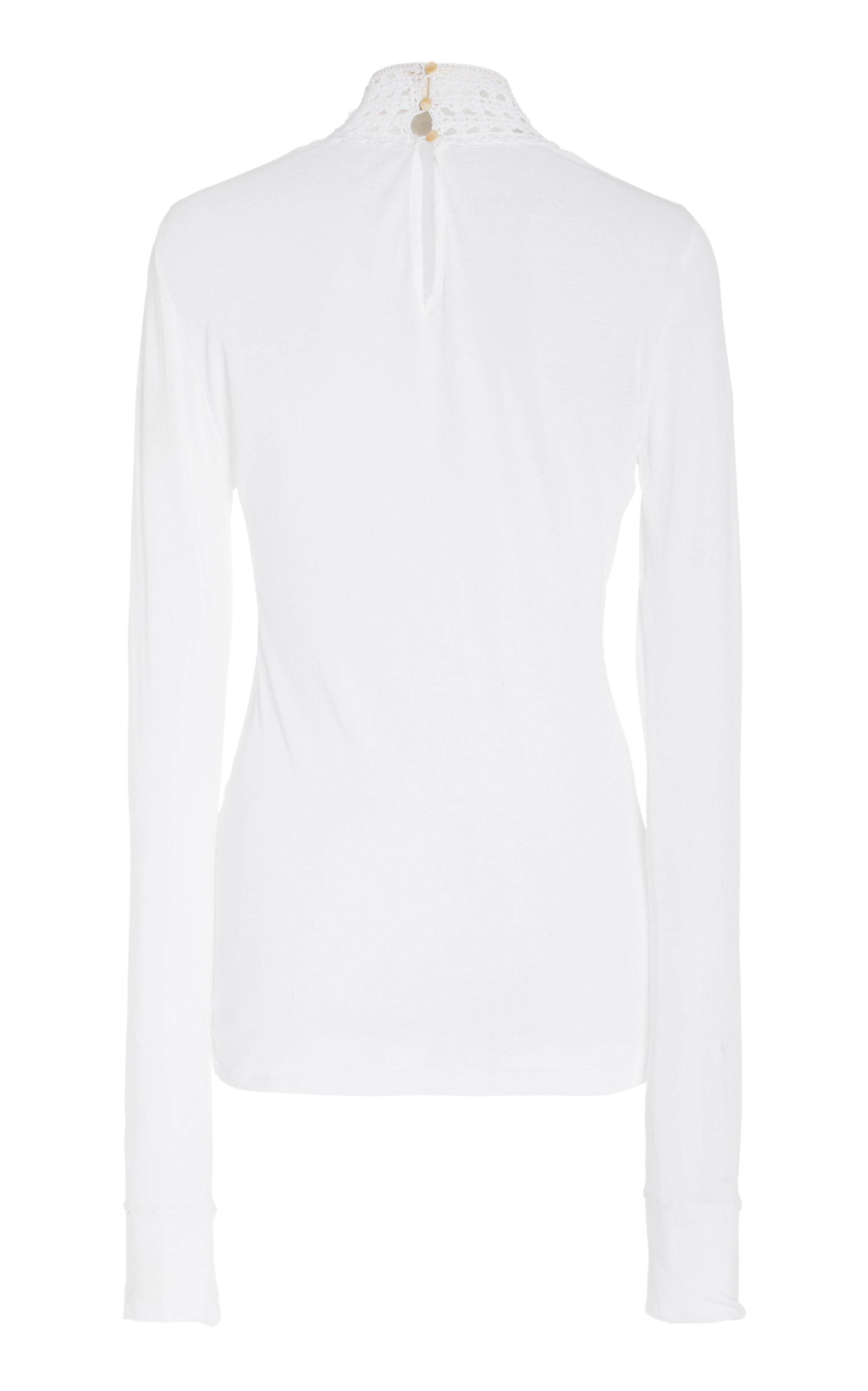 Back of white long-sleeve top with 3 button closure on a white background