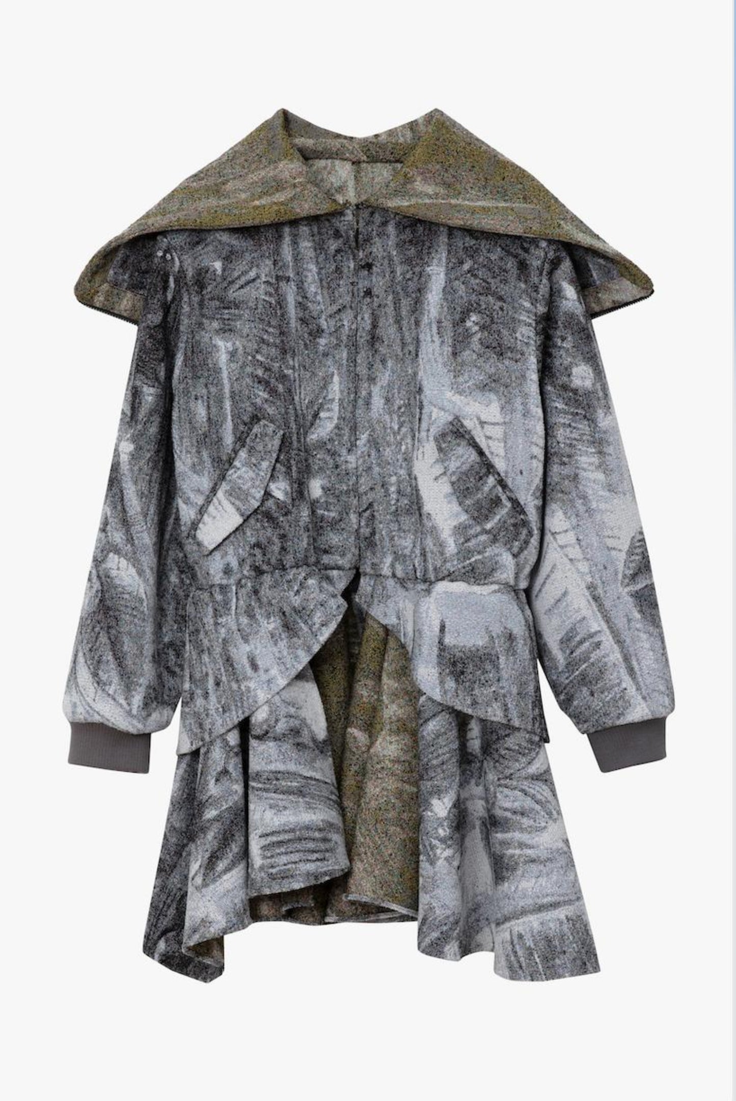 A long-sleeved, asymmetrical draped coat featuring a multi-color print, with a contrasting inner lining and hood. Displayed against a white background.