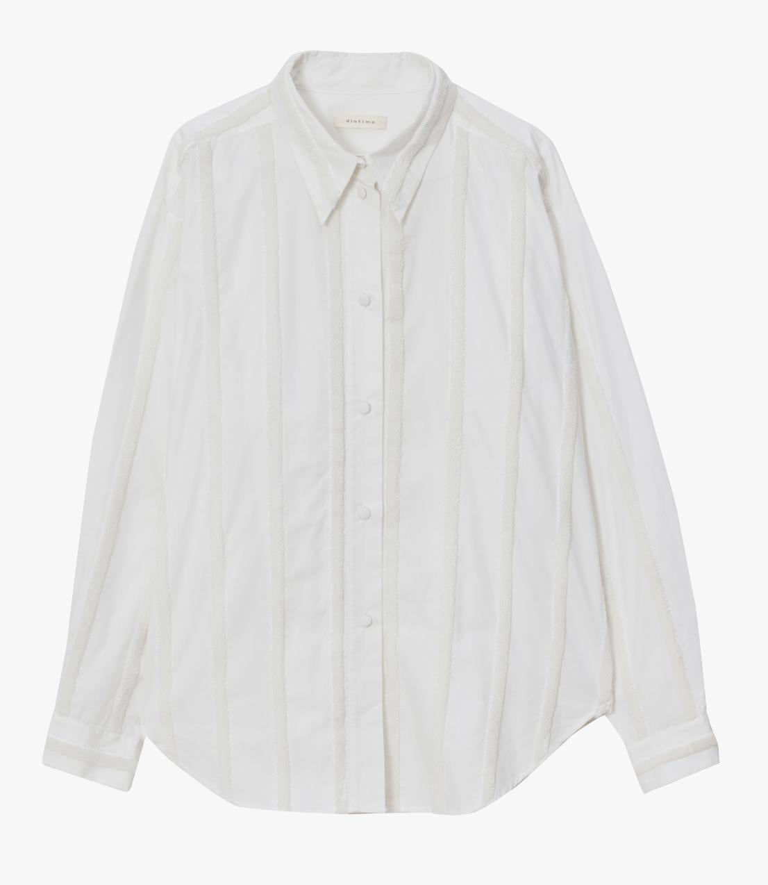A white long-sleeve button-up shirt with a pointed collar, laid flat against a white background.