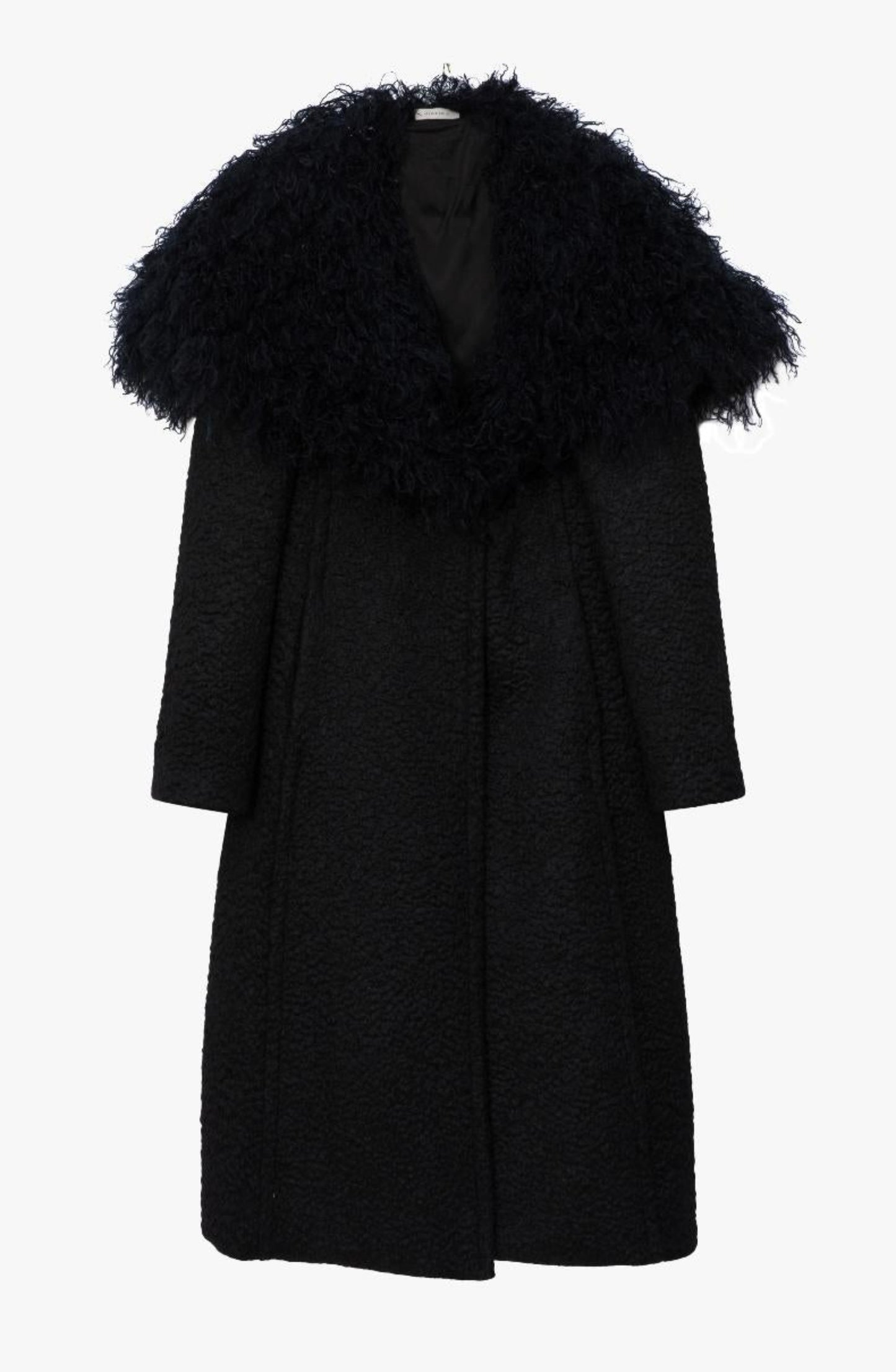 A black textured coat with a voluminous black fur-like collar, shown on a white background