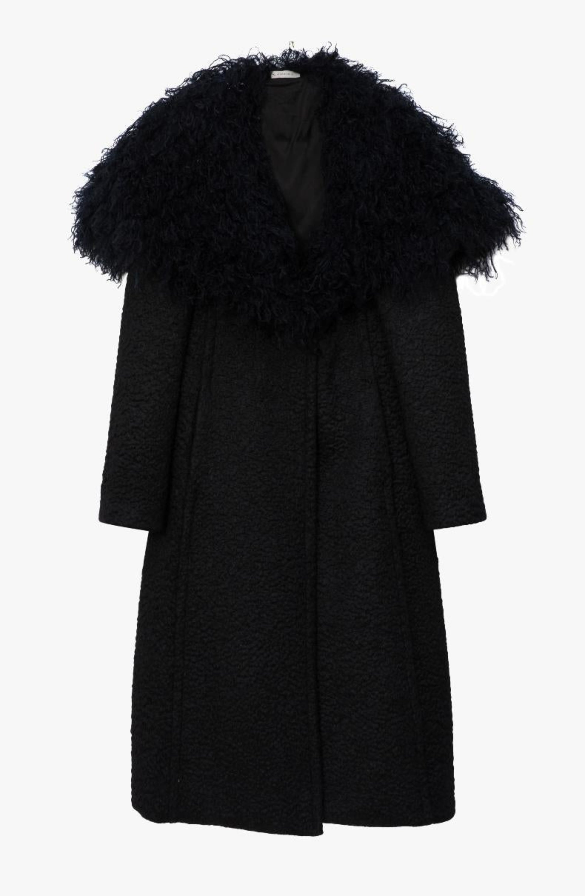 A black textured coat with a voluminous black fur-like collar, shown on a white background