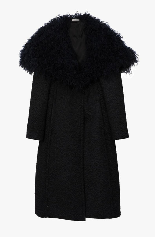 A black textured coat with a voluminous black fur-like collar, shown on a white background