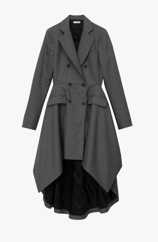 A gray double-breasted asymmetrical coat with black lining. Displayed on a white background.