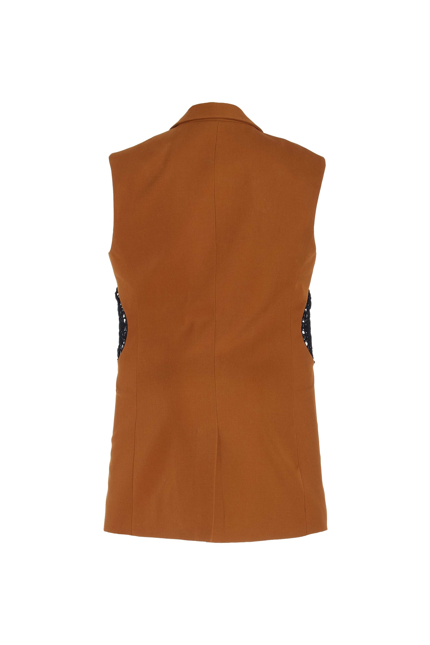 Back shot of brown vest with black decorative elements photographed on a white background