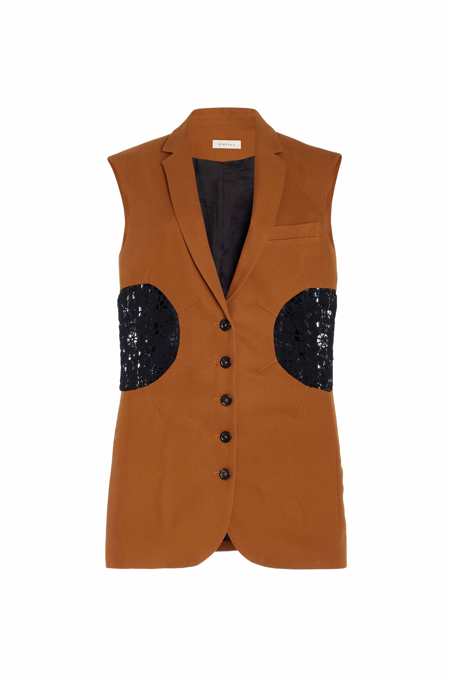 Brown vest with black crochet details on the side photographed against on a white background