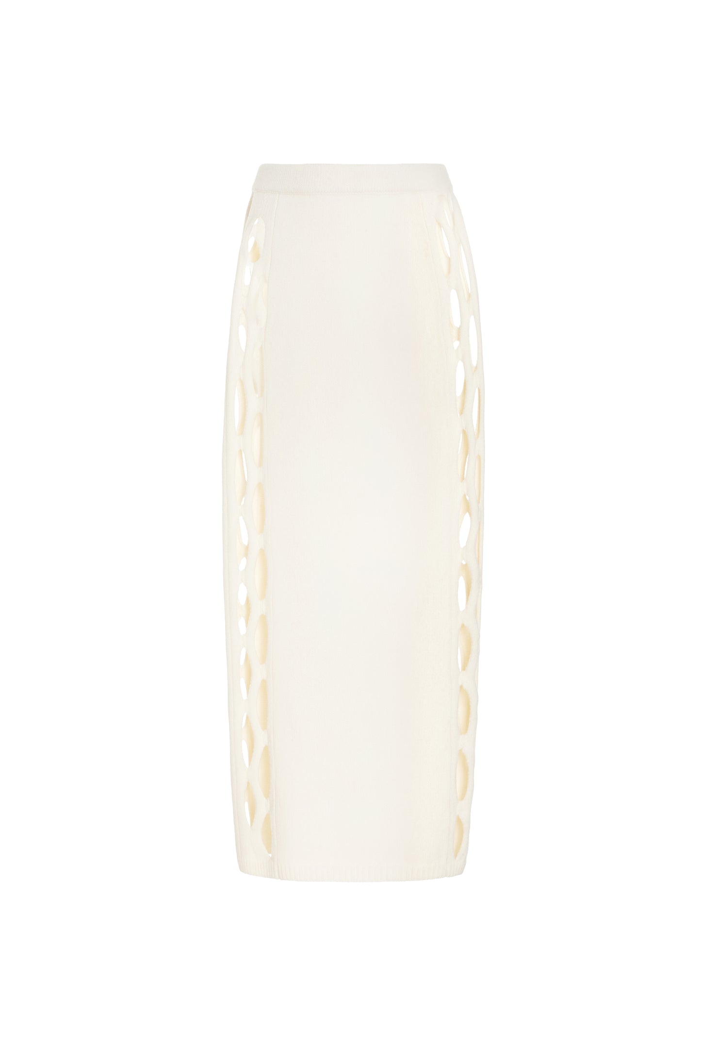 White knit skirt with circular cutouts along both sides photographed against a white background 