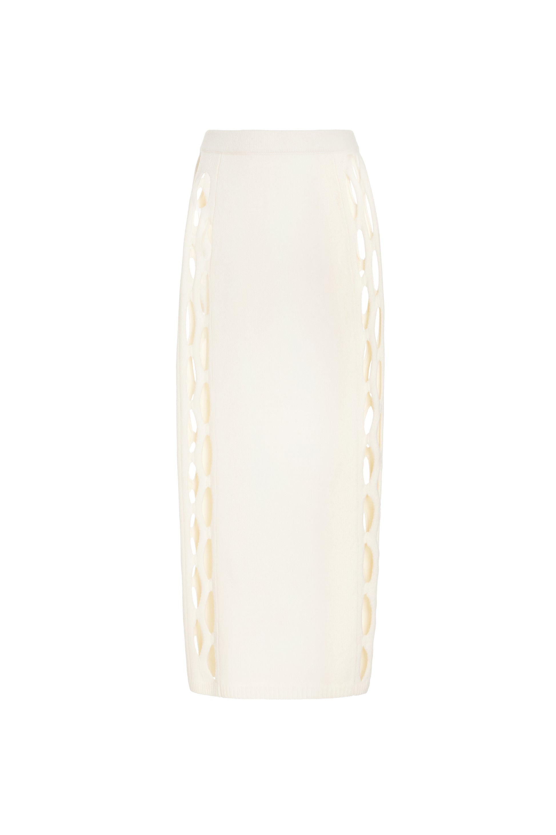 White knit skirt with circular cutouts along both sides photographed against a white background 